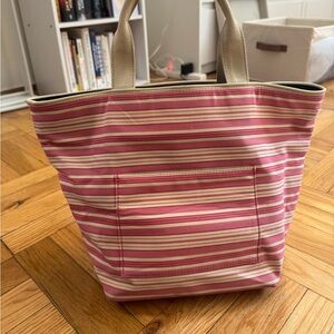 Vintage Pierre Deux Striped Pink Canvas Tote Bag with Cream Handles